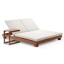 Santorini Aluminium Double Sun Lounge in Teak look with Denim/Cream Cushions With Slide Under Side Table