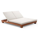 Santorini Aluminium Double Sun Lounge in Teak look with Denim/Cream Cushions With Slide Under Side Table