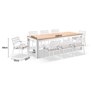 Balmoral 2.5m Teak Top Aluminium Table with 8 Kansas Dining Chairs with Sunbrella cushions