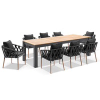 Balmoral 2.5m Outdoor Teak and Aluminium Dining Table with 8 Cove Rope Chairs