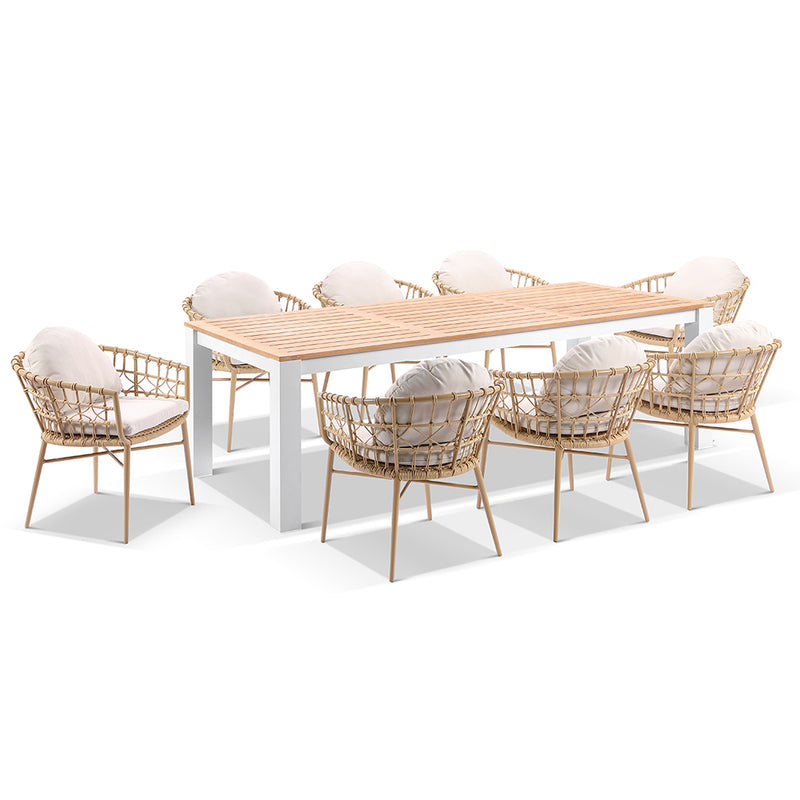 Balmoral 2.5m Outdoor Teak and Aluminium Dining Table with 8 Moana Wicker Chairs