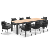 Balmoral 2.5m Outdoor Teak and Aluminium Dining Table with 8 Herman Rope Chairs