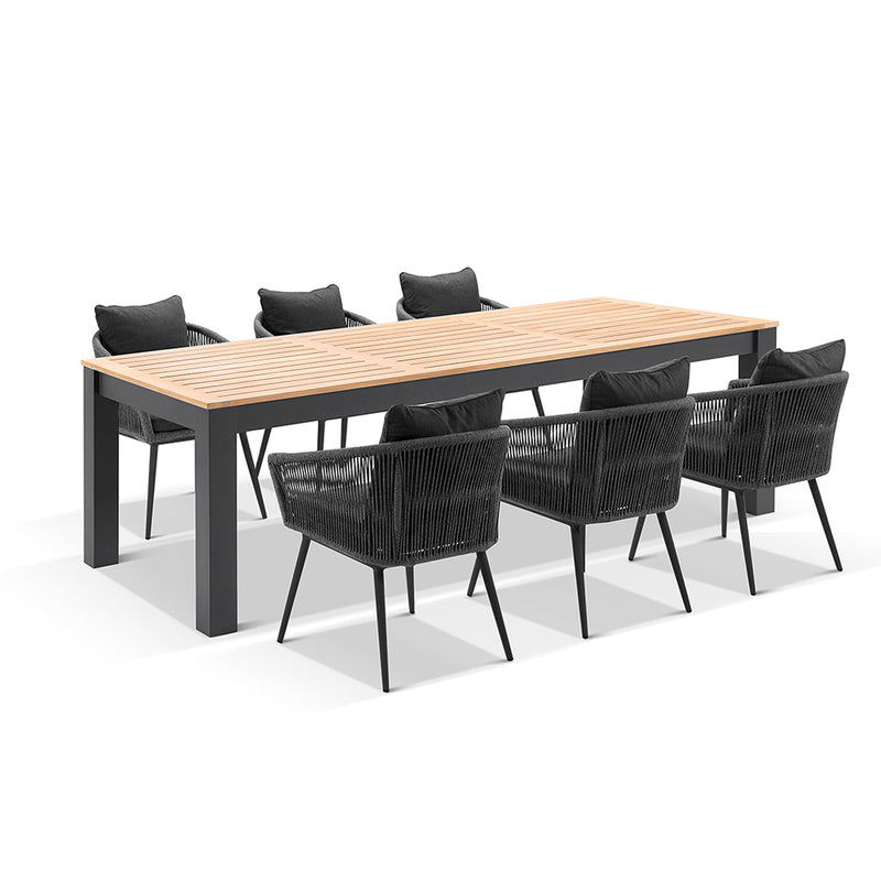 Balmoral 2.5m Outdoor Teak and Aluminium Dining Table with 8 Herman Rope Chairs