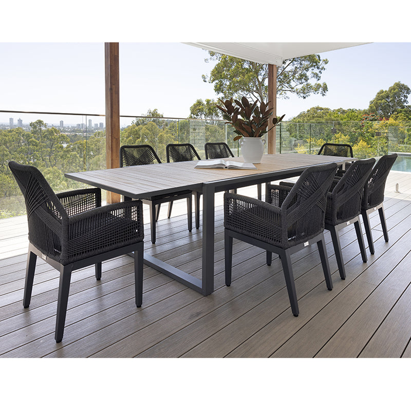 Bora Extension Outdoor Dining Setting with 8 x Hugo Rope Chairs