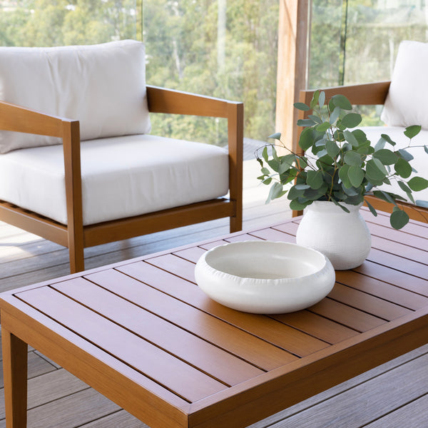 Bronte 3+1+1 Outdoor Teak Look Aluminium with Sunbrella Lounge Setting with Coffee Table