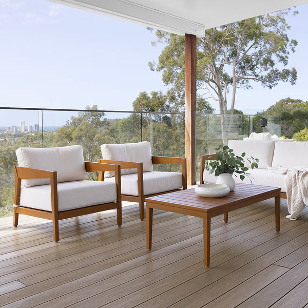 Bronte 3+1+1 Outdoor Teak Look Aluminium with Sunbrella Lounge Setting with Coffee Table