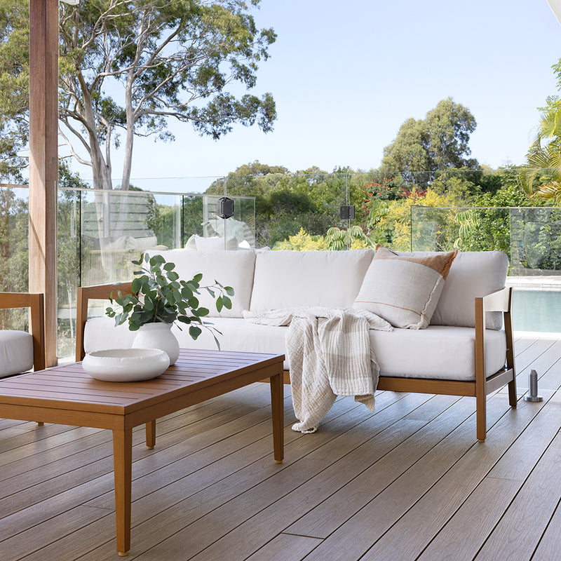 Bronte 3+1+1 Outdoor Teak Look Aluminium with Sunbrella Lounge Setting with Coffee Table