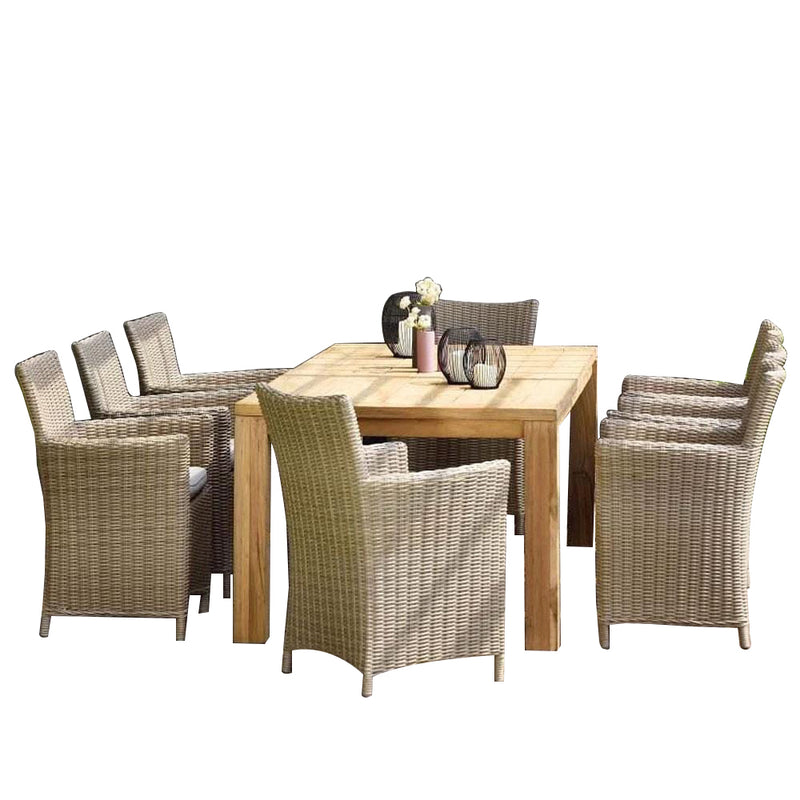 Cancun 2.2m Recycled Teak Timber Table and 8 wicker Chairs Dining Setting