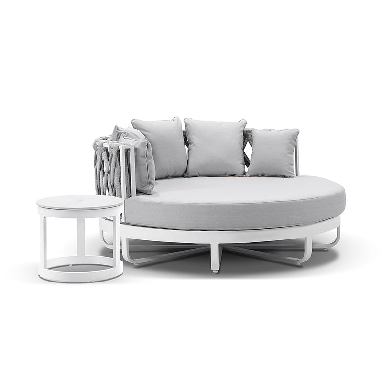 Cove Outdoor Round Aluminium and Rope Daybed Lounge with Side Table