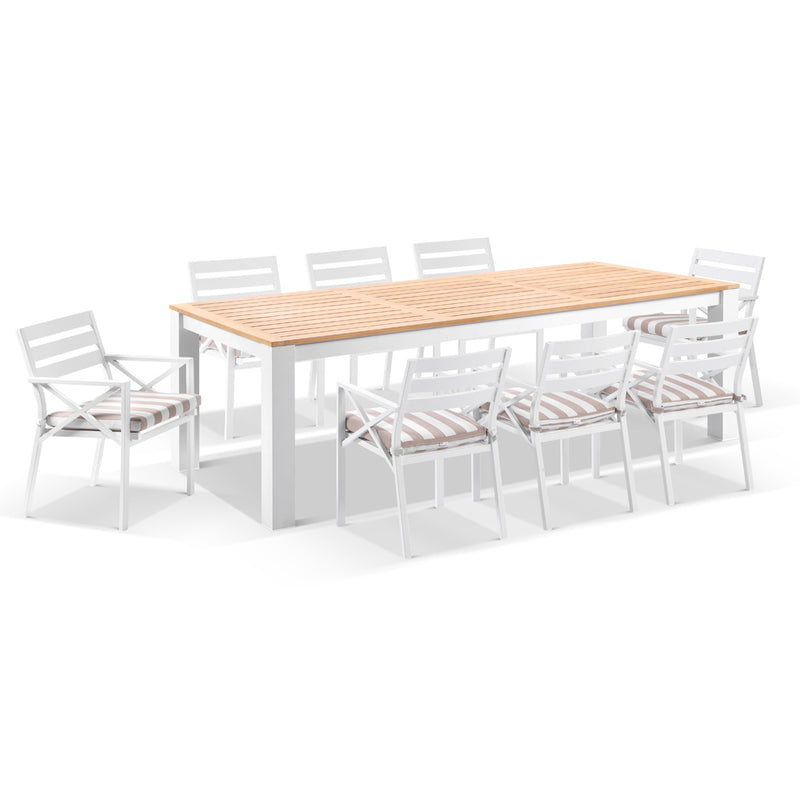 Balmoral 2.5m Teak Top Aluminium Table with 8 Kansas Dining Chairs with Sunbrella cushions