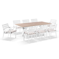 Kansas 2m Outdoor Teak Timber and Aluminium Dining Table with 8 Chairs with Sunbrella cushions