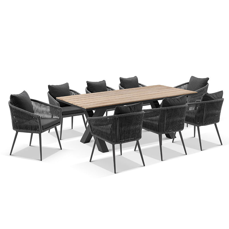 Kansas 2m Outdoor Teak Timber and Aluminium Dining Table with 8 Herman Rope chairs