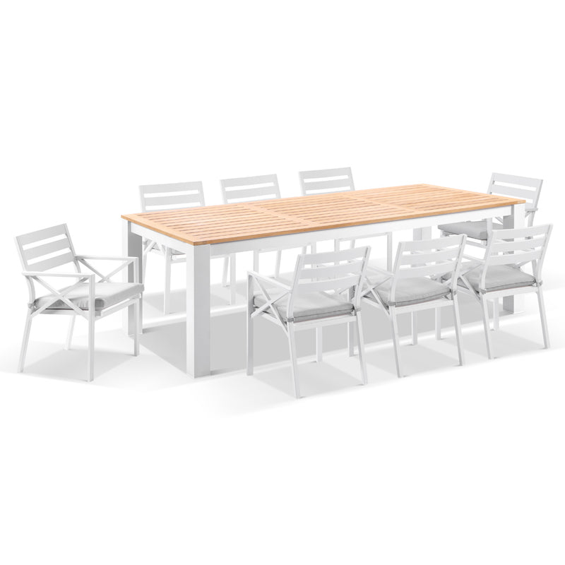 Balmoral 2.5m Teak Top Aluminium Table with 8 Kansas Dining Chairs with Olefin Cushions