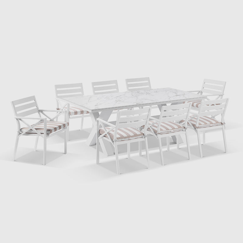 Kansas Outdoor Ceramic 2m Aluminium Dining Table with 8 Chairs Setting in Sunbrella
