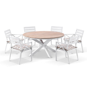 Tuscany Round 1.5m Outdoor Aluminium and Teak Dining Table with 6 Kansas Chairs in Sunbrella