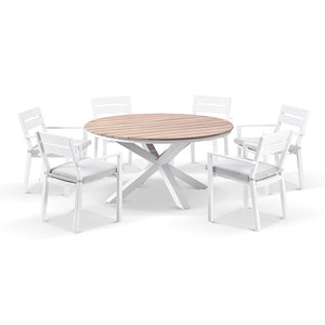 Tuscany Round 1.5m Outdoor Aluminium and Teak Dining Table with 6 Kansas Dining Chairs