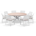 Tuscany Round 1.8m Outdoor Aluminium and Teak Dining Table with 8 Kansas Chairs in Sunbrella