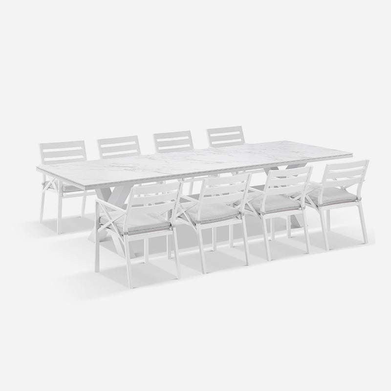 Kansas Outdoor Ceramic 3m Aluminium Dining Table with 10 Chairs Setting