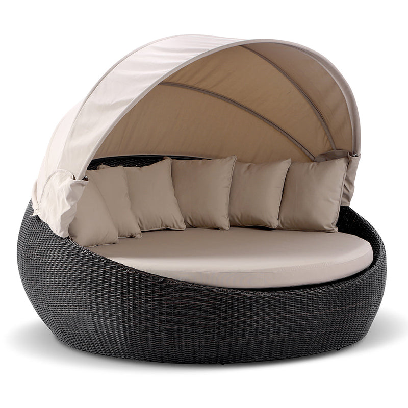 Large Newport - Wicker Outdoor Day Bed with Canopy Chestnut Brown with Latte