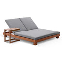 Santorini Aluminium Double Sun Lounge in Teak Look with Sunbrella Cast Slate with Slide Under Side Table