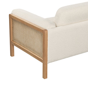 Killara Indoor Cream Bouclé Couch Fabric and Timber 3 Seat Rattan Lounge Sofa