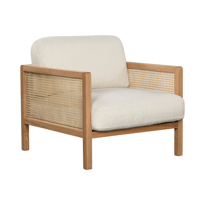 Killara Indoor Cream Bouclé Couch Fabric and Timber Arm Chair Rattan Lounge Sofa