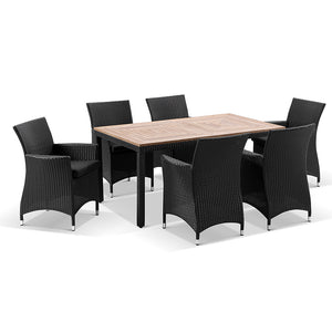 Sahara 6 Seater Teak Timber Table Top Outdoor Dining Set With CHARCOAL Wicker Chairs