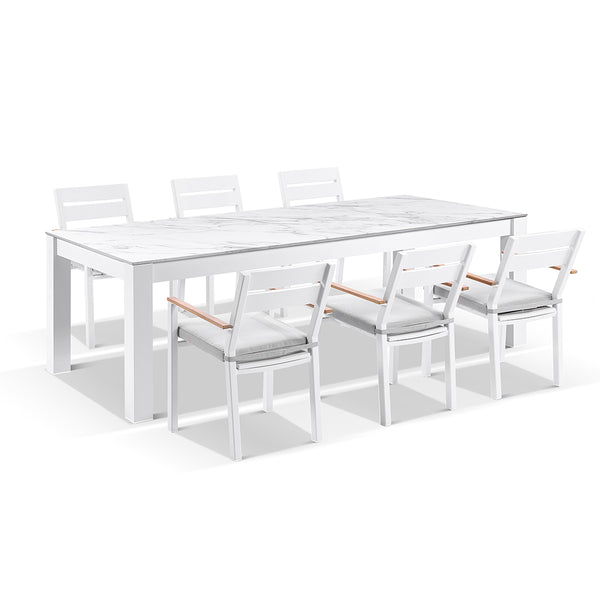 Hugo Ceramic 2.5m Outdoor Aluminium Dining Table with 8 Capri Chairs Setting