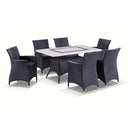Caesar 6 - 7pc Travertine Stone Outdoor Table Setting With Wicker Outdoor Chairs