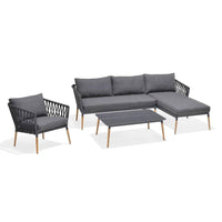 Silas Outdoor Charcoal Rope Chaise Lounge with Arm Chair and Coffee Table