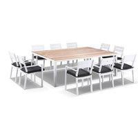 Tuscany 10 Seat Teak Top and Aluminium Dining Setting with Santorini Chairs in White