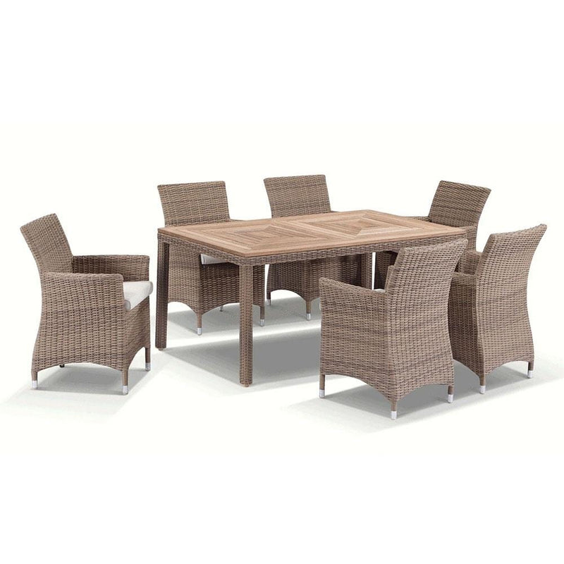 Sahara 6 - 7pc Raw Natural Teak Timber Table Top Outdoor Dining Set In Half Round Wicker