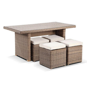 Half Round Wicker Dining Coffee Table with 4 Stowaway Ottomans