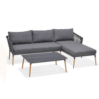 Silas Outdoor Charcoal Rope Chaise Lounge with Arm Chair and Coffee Table