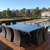 Roman 10 Seat Outdoor Wicker and Glass Top Dining Table and Chairs Setting