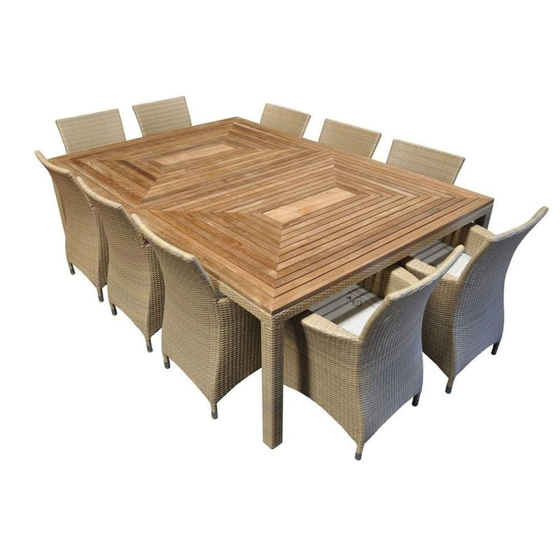 Sahara 10 Seat - 11pc Raw Natural Teak Timber Table Top Outdoor Dining Set With Wicker Chairs