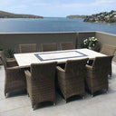 Caesar 8 Rectangle - 9pc Travertine Stone Outdoor Table In Half Round Rattan Wicker