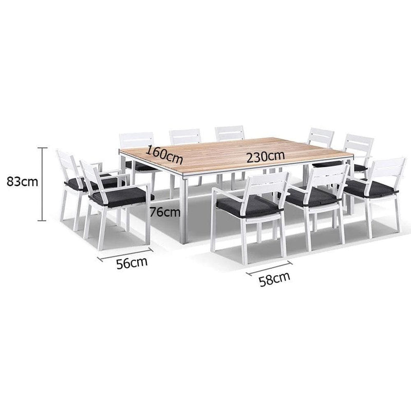 Tuscany 10 Seat Teak Top and Aluminium Dining Setting with Santorini Chairs in White