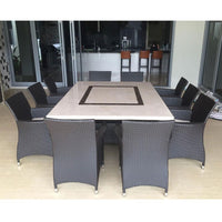 Caesar 10 Seat - 11pc Travertine Stone Outdoor Table Setting With Wicker Outdoor Chairs