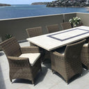 Caesar 8 Rectangle - 9pc Travertine Stone Outdoor Table In Half Round Rattan Wicker