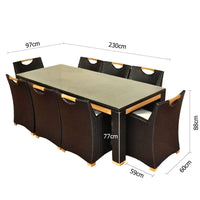 Freedom 8 Seat - 9pc Glass Top And Teak Trim Outdoor Dining Set With Wicker Chairs