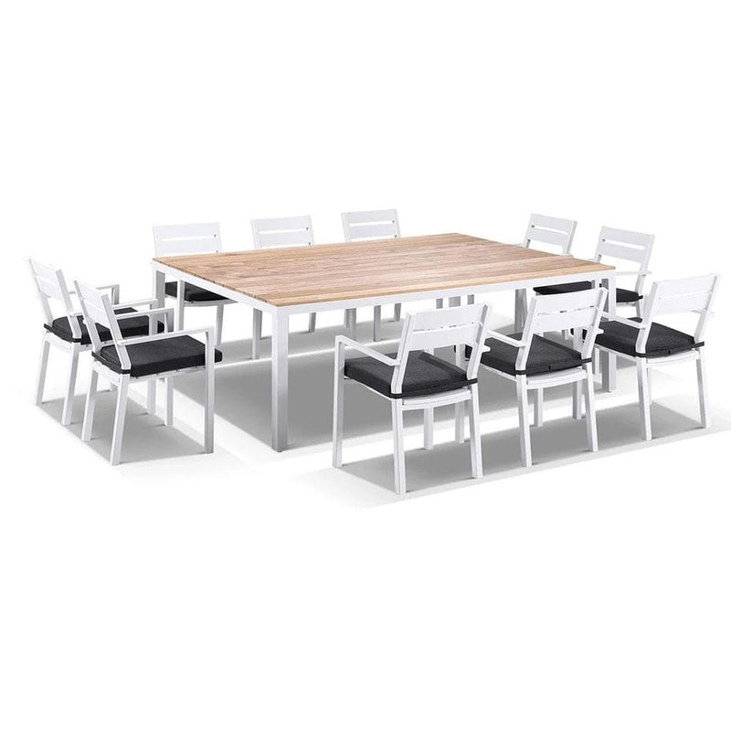 Tuscany 10 Seat Teak Top and Aluminium Dining Setting with Santorini Chairs in White