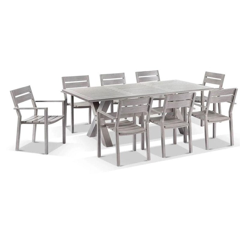 Aged Teak look Tahitian 2.1m Aluminium Dining Setting with Santorini Chairs