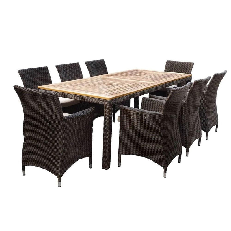 Sahara 8 Rectangle in Half Round wicker - 9pc Raw Natural Teak Timber Table Top Outdoor Dining Set With Rattan Wicker Chairs