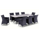 Caesar 8 Rectangle - 9pc Travertine Stone Outdoor Table Setting With Wicker Outdoor Chairs