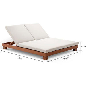 Santorini Aluminium Double Sun Lounge in Teak look with Denim/Cream Cushions With Slide Under Side Table
