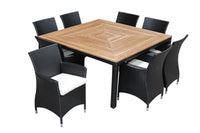 Sahara 8 Square - 9pc Raw Natural Teak Timber Table Top Outdoor Dining Set With Wicker Chairs in CHARCOAL