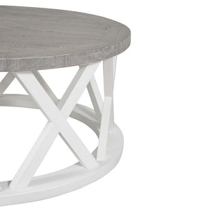 Ashton Round Timber Coffee Table in Brushed White with Grey Wooden Top