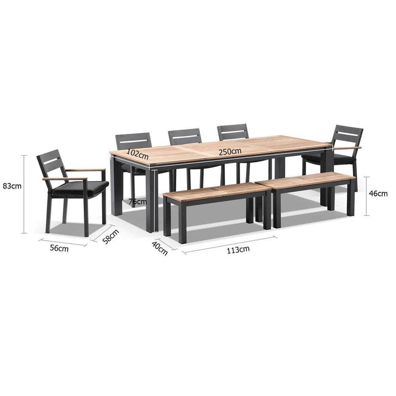 Balmoral 2.5m Teak Top Aluminium Table with 2 Bench Seats and 5 Chairs